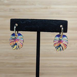 Monstera RAINBOW Cactus Leaf Dangle Earrings Drop Women Statement Tropical Plant